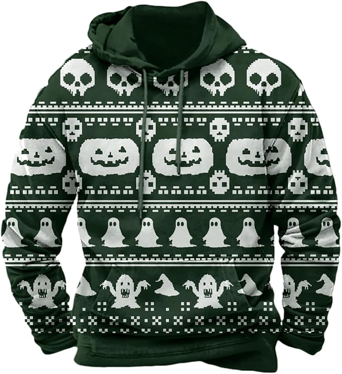 Halloween Hoodie Men Graphic Pumpkin Ghost Printed Sweatshirt Casual Trendy Long Sleeve Halloween Hooded Tops with Pockets