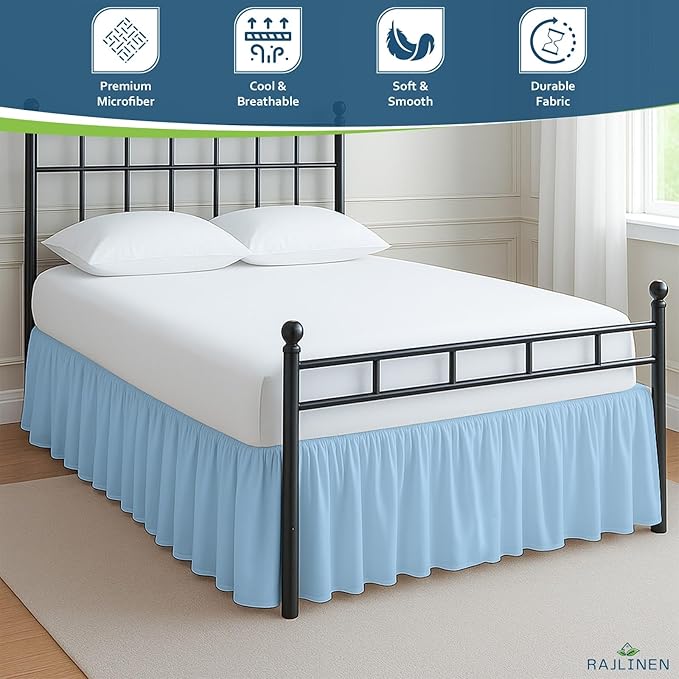 Rajlinen Ruffled Bed Skirt Twin XL, 12 Inch Drop Dust Ruffle with Split Corners, 100% Microfiber Bedskirt with Platform, Three-Sided Coverage Ruffled Gathering Design, Light Blue