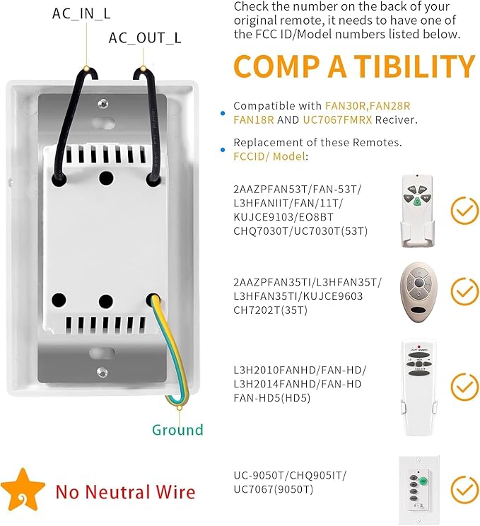 Humpptom Universal Ceiling Fan Remote Control, Ceiling Fan Wall Switch UC9050T, UC9050T Ceiling Fan Wall Remote Control Compatible with Hampton Bay Harbor Breeze 2 Pack