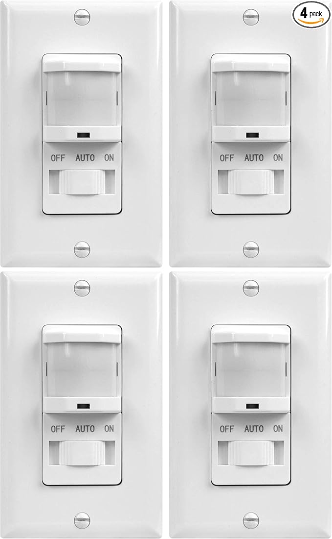 TOPGREENER in-Wall PIR Motion Sensor Light Switch, Motion Sensor Switch, Occupancy Sensor Switch, On/Off Override, 4A, 500W, Single Pole, 𝐍𝐞𝐞𝐝 𝐍𝐞𝐮𝐭𝐫𝐚𝐥 𝐖𝐢𝐫𝐞, TSOS5, White, 4 Pack