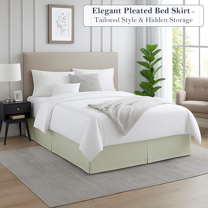 Full Bed Skirt, Luxury 15 Inch Drop Ivory Pleated Bed Skirt, Double Brushed Microfiber, Box Pleat Design, Wrinkle & Fade Resistant, Easy Fit Tailored Bedskirt for Full Size Beds