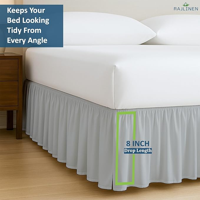 Rajlinen Ruffled Bed Skirt Full XL, 8 Inch Drop Dust Ruffle with Split Corners, 100% Microfiber Bedskirt with Platform, Three-Sided Coverage Ruffled Gathering Design, Light Grey
