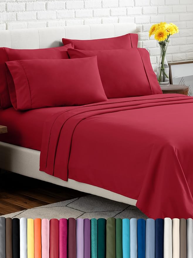 Bare Home Hotel Luxury King Sheet Set, Extra Soft - 6 Piece Set - Deep Pockets - Easy Fit - Cooling & Breathable - Wrinkle, Fade, Stain Resistant - Includes 4 Pillowcases (King, Red)