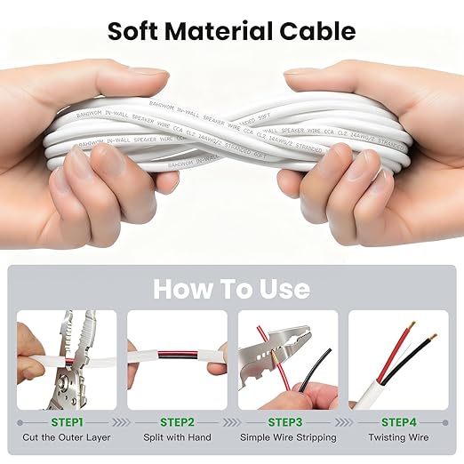 BAHIWOM Fire Safety CL2 Speaker Wire in-Wall & in-Ceiling 14 Gauge Wire 100 FT CCA Cord 2 Conductors Red Black Speaker Cable for Indoor Home Theater System,Car Audio Soft White Jacket