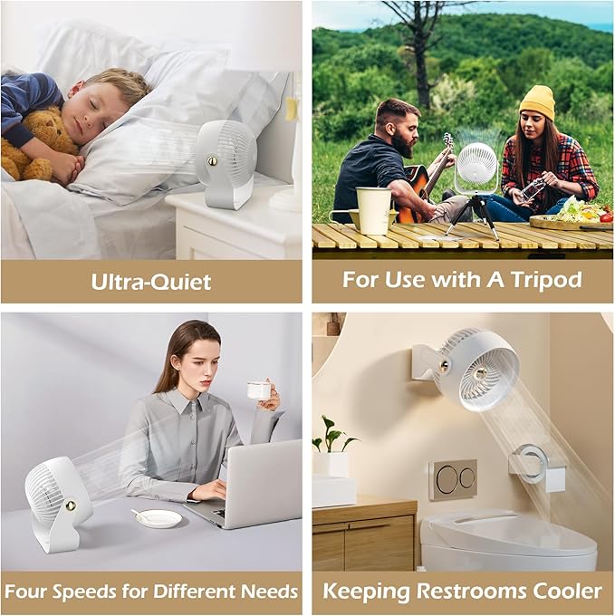 CIVPOWER Desk Fan: Table Fan Small Portable Rechargeable with 6000 mAh Battery - 4 Speed and Timing - Quiet Desktop 8 Inch Fan for Bedroom Room Dorm Office Air Circulation 270°Adjustable