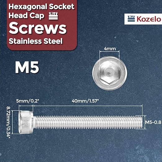 Kozelo 15pcs Socket Head Cap Screws - [M5-0.8 x 40mm] 304 Stainless Steel Allen Socket Drive for Electrical Motor 3D Printing Fan Engine Replacement Use, Silver
