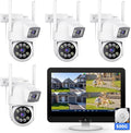 VORGUT Security Camera System Wireless Outdoor with 12" Monitor, 4pcs 2K Dual Lens Cameras for Home & Business Surveillance, 360° PTZ, 2.4G/5G WiFi, Human Detection, Auto Tracking, 16CH NVR, 500G HDD