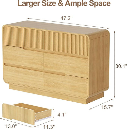 6 Drawer Dresser and 2 Nightstand Sets for Bedroom 3 Pcs Bedroom Set, Modern 47.2" Fluted Dresser with Invisible Handles Nightstand Charging Station, Bedroom Furniture Set for Living Room, Natural