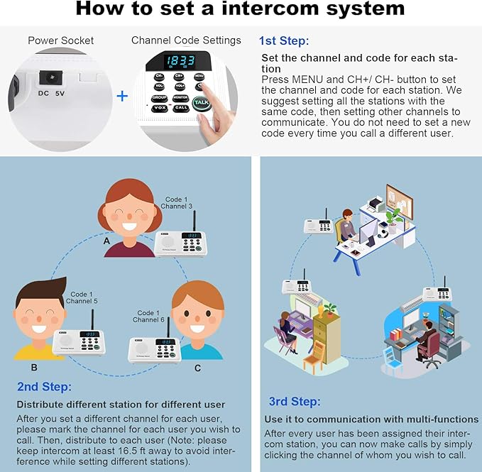 Wuloo Intercoms Wireless for Home 1 Mile Range 22 Channel 100 Digital Code Display Screen, Wireless Intercom System for Home House Business Office, Room to Room Intercom Communication (6 Packs, White)