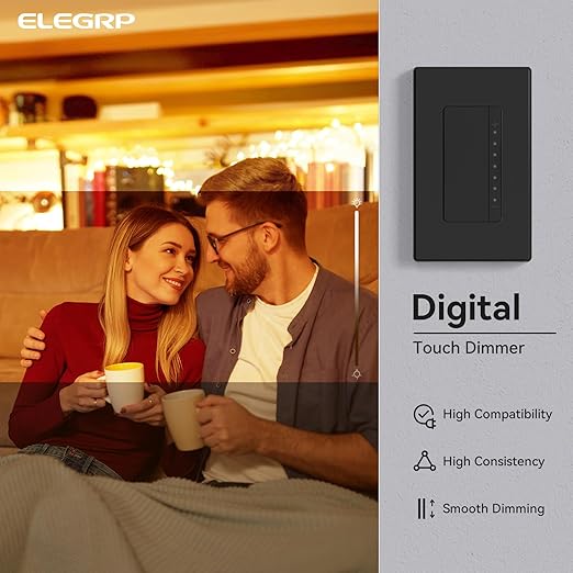 ELEGRP Dimmer Switch, Digital Dimmer Light Switch for LED Lights 150W, INC/HAL 450W, Single Pole LED Dimmer Switch, Needs Neutral Wire, Wall Plate Included, UL Listed, 2 Pack, Matte Black