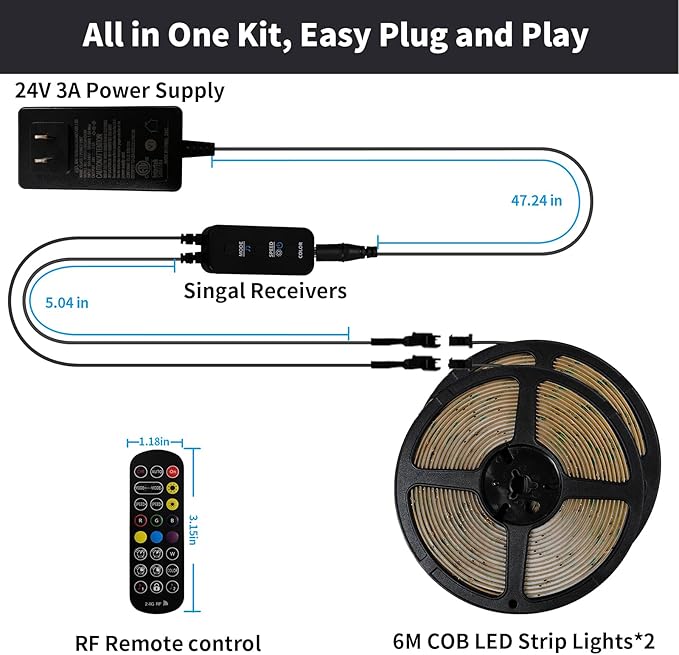 BUNACET 40ft COB RGB+IC LED Strip Lights, Bright Dream Color COB LED Light Strip with RF Remote App Control Music Sync Color Changing for Game Room Bedroom Kitchen Lighting Home Decor（2 Rolls）