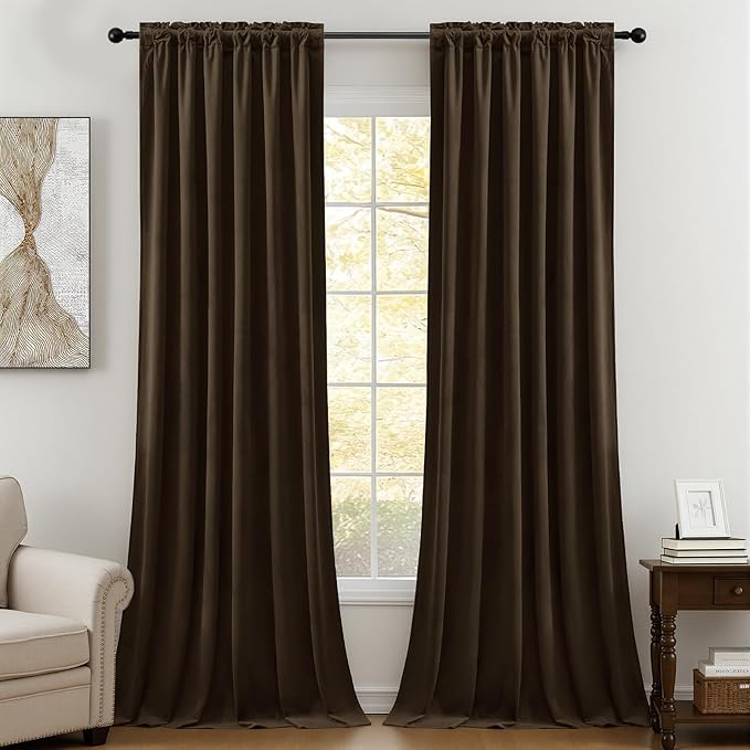 Brown Brown Velvet Curtains 96 Inches for Bedroom, Light Blocking Thermal Curtain Elegant Soundproof Soft Luxury Room Darkening Window Drapes for Living Room, Back Tab Rod Pocket, W52 x L96, 2 Pcs