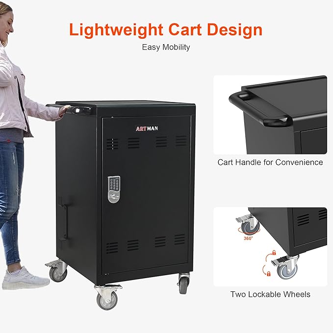 Aokleo Laptop Charging Cart,32 Devices Tablet Storage Carts for pad Up to 16.3" Screen, Classroom Computer Mobile Charging Station for Pads, Chromebooks,Laptops, Updated Password Lock(32 Bay-Black)