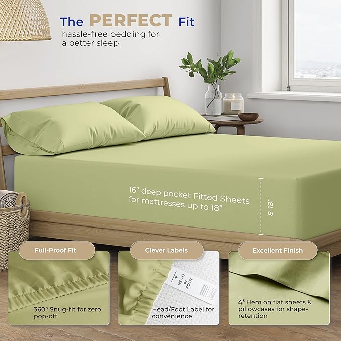 THREAD SPREAD 400 Thread Count King Cotton Sheets - 4 PC King Size Bed Sheet Set Cotton (Herb Green), Soft, Cooling, Hotel-Quality 16" Deep Pocket Sateen Bedsheet for Hot Sleepers (Fits 18" Mattress)
