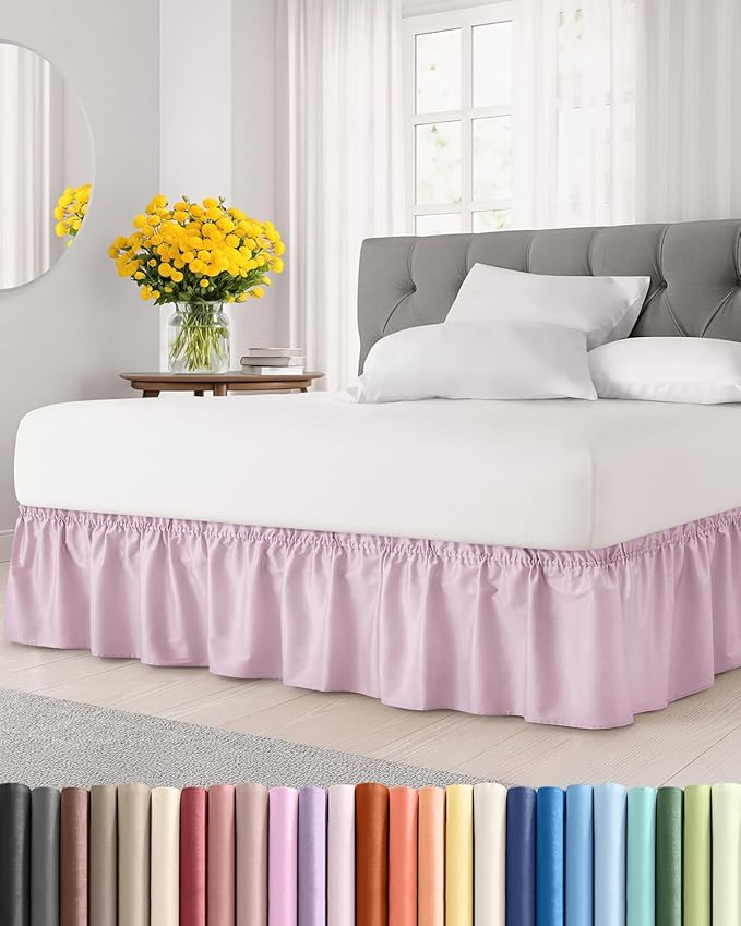 Wrap Around Dust Ruffle Bed Skirt - Light Pink - for King Size Beds with 12 Inch Drop - Elastic Strap - Adjustable Pleated Bedskirt with Brushed Fabric and Wrinkle Free - for Women, Men, Kids & Teens