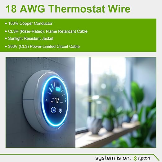 Syston 18/8 Thermostat Doorbell HVAC Heating Control Cable Wire, 100% Solid Copper Conductors CL3R/FT4/CMR Riser-Rated UL/ETL Listed, UV Resistant RoHS for Indoor/Outdoor Low Voltage Applications Use