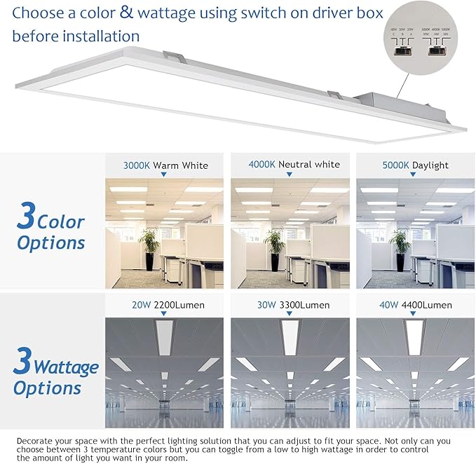 CycevSun 8 Pack 1x4 LED Flat Panel Light Drop Ceiling, 0-10V Dimmable 3000K-4000K-5000K Selectable & 20W-30W-40W Options, 4400LM, ETL
