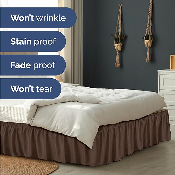 Wrap Around Dust Ruffle Bed Skirt - Brown - for Full Size Beds with 15 Inch Drop - Easy Fit Elastic Strap - Adjustable Pleated Bedskirt w/Brushed Fabric - Wrinkle Free - for Women, Men, Kids & Teens
