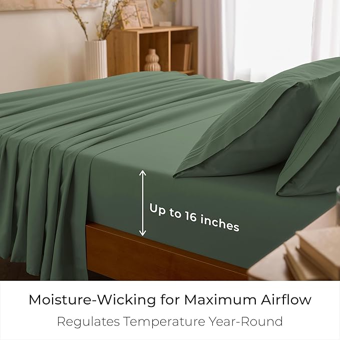 Mellanni Full Sheet Set - 6-Piece Iconic Collection Bedding, (Including 4 Pillowcases), 16-Inch Deep Pocket, Easy Care, Extra Soft, Cooling Sheets, Brushed Microfiber - Sage