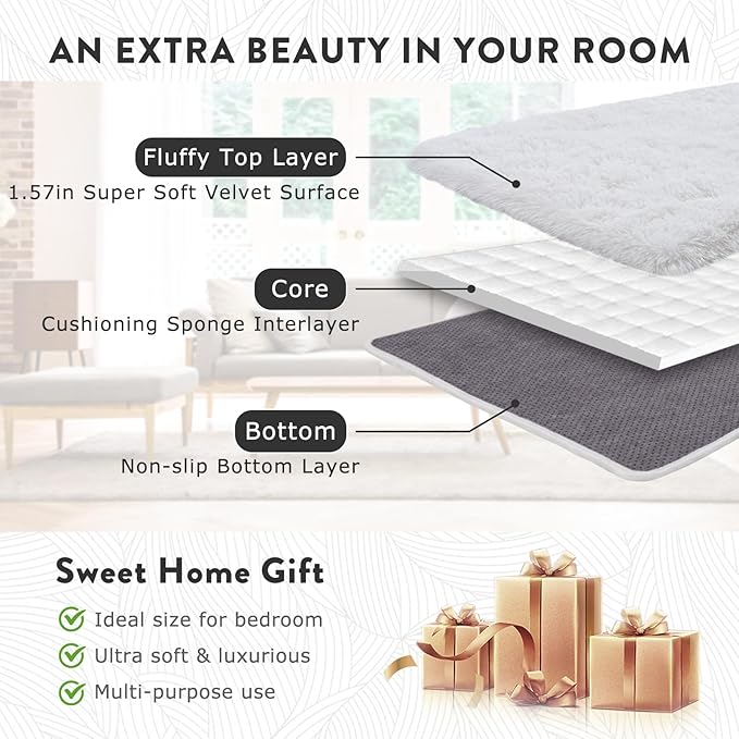 Shaggy Rugs for Bedroom Living Room Dorm Kids Room Decor, Soft Modern Indoor Fluffy Shag Area Rug, Non-Slip Fuzzy Floor Carpet 2x3 Feet, Cute Small Rectangle Plush Rug, White