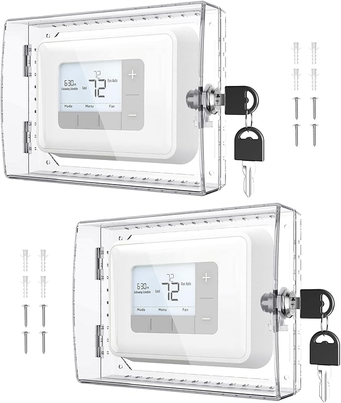 AUURIO 2 PCS Upgraded Thermostat Lock Box with Key, Large Space Thermostat Cover Seamless Anastomosis, Clear Decorative AC Lock Box Cover on Wall Fits Thermostats 4.8" H x 6" W or Smaller