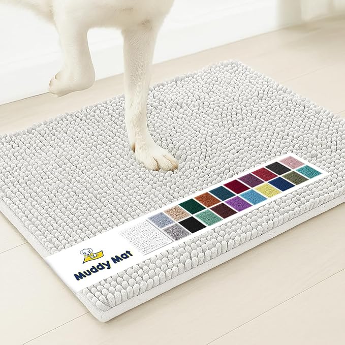Muddy Mat® Shown on TV – Super Absorbent Microfiber Dog Door Mat for Muddy Paws, Non-Slip Washable Pet Rug, Quick Dry Chenille Entryway Carpet, Machine Washable Indoor Outdoor mat, White 30"x19"