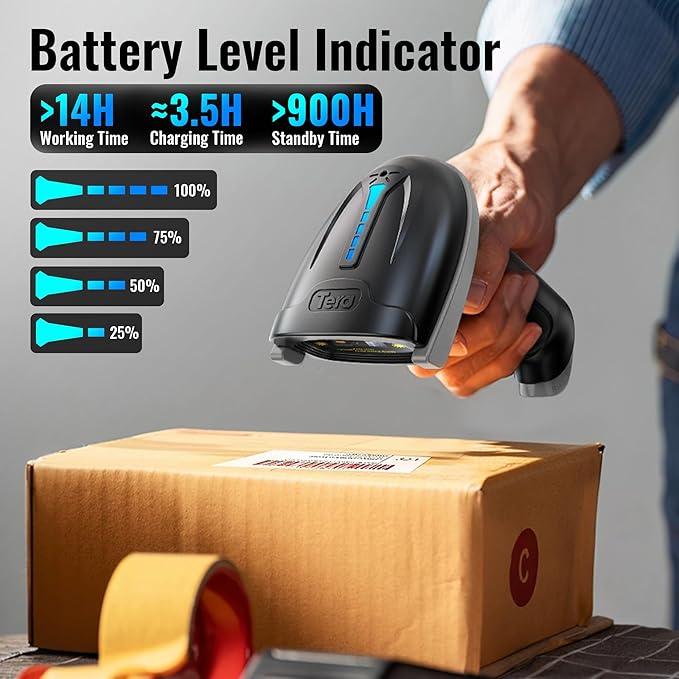 Tera Barcode Scanner Wireless Versatile 2-in-1 (2.4Ghz Wireless+USB 2.0 Wired) with Battery Level Indicator, 328 Feet Transmission Distance Rechargeable 1D Laser Bar Code Reader USB Handheld (Grey)