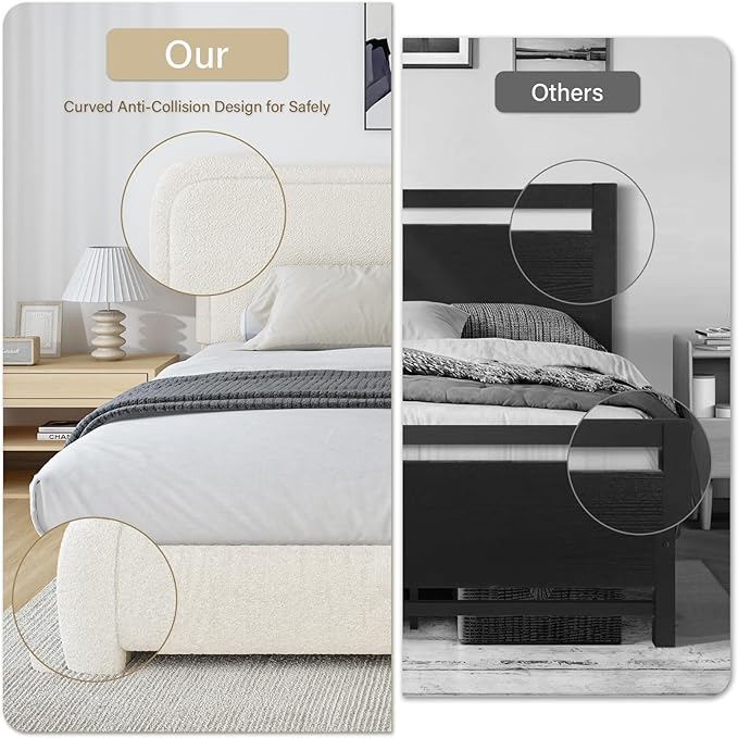 BarnFurin Queen Bed Frame with Headboard, Cloud Boucle Upholstered Platform Bed with Wood Slats, Soft Rounded Corners, No Box Spring Required, Easy Assembly, Cream