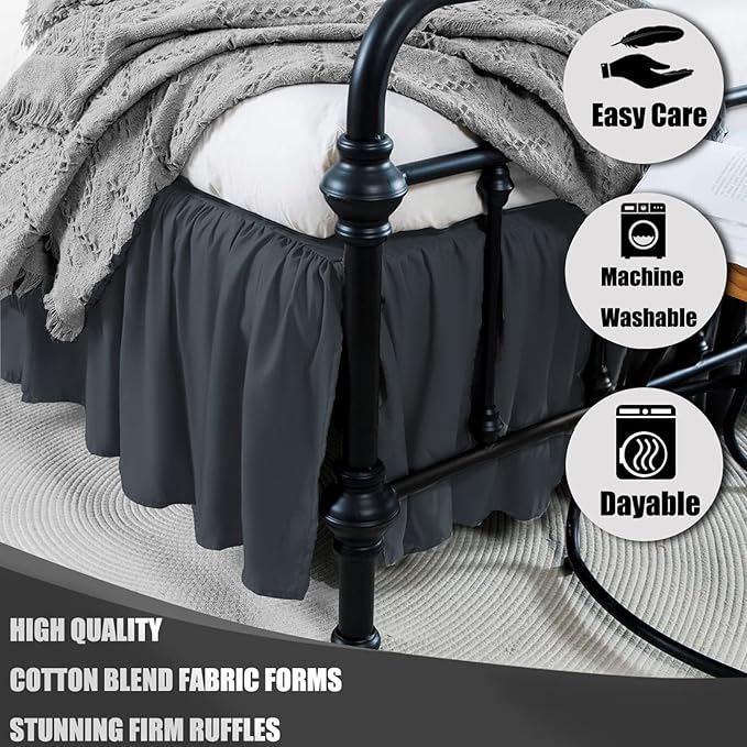 Black Bed Skirt Queen Size Ruffled Bed Skirt with Split Corners, Queen Bed Skirt 12 Inch Drop, TSUTOMI Queen Size Bed Skirt Black for Ruffled Bed Skirt with Split Corners, Bed Skirts Queen Size