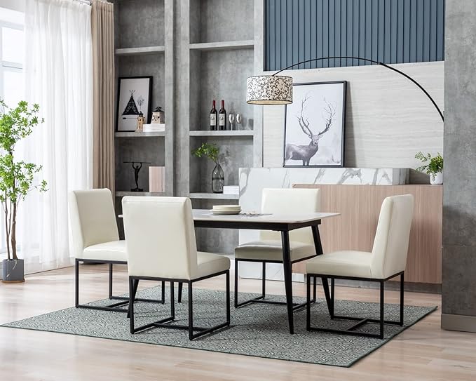 CIMOTA Modern Dining Chairs Set of 6, Leather Dining Room Chairs Upholstered Armless Guest Side Chair with Black Base for Dining Room/Kitchen, Cream 6PCS