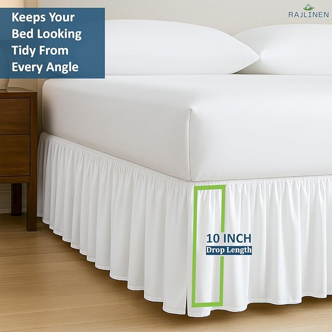 Rajlinen Ruffled Bed Skirt Full, 10 Inch Drop Dust Ruffle with Split Corners, 100% Microfiber Bedskirt with Platform, Three-Sided Coverage Ruffled Gathering Design, White