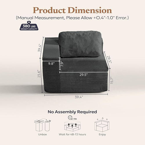 40" Modular Upholstered Foam Couch, Upholstered Floor Sofa Couch with Pillow, Single Sofa for Bedroom Living Room, No Assembly Required (Corduroy Fabric, Grey)