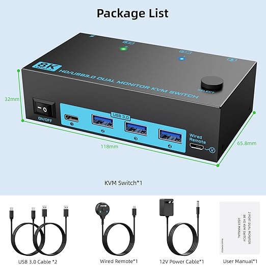 8K Dual Monitor KVM Switch Dual HDMI 2.1 2 Monitors 2 Computers 2 in 2 Out 4 Port USB 3.0 8K@60Hz/4K@120Hz KVM Switches， Wired Desktop Controller & 2 USB 3.0 Cables Included