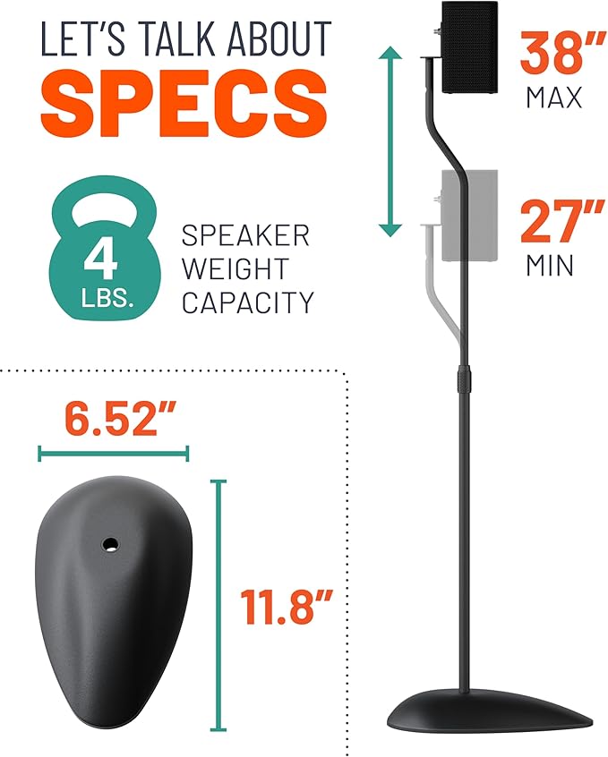 ECHOGEAR Universal Speaker Stands - Height Adjustable with Universal Compatibility - Works with Vizio, Klipsch, Bose & More - Includes Built-in Cable Management - Great for Rear Surround Sound - Pair