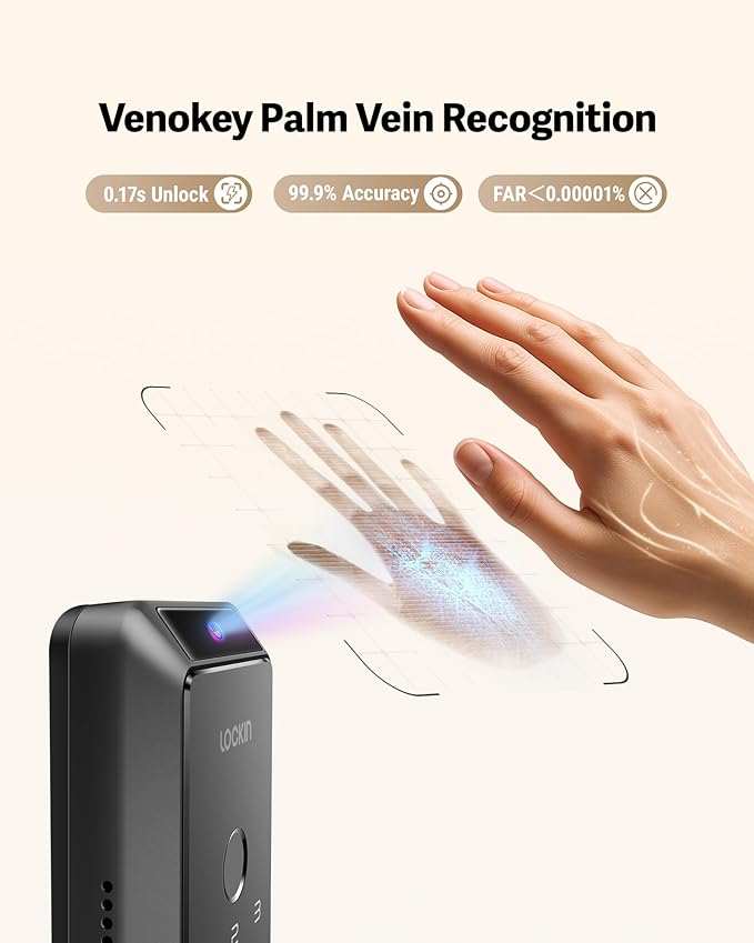 Lockin Veno Smart Lock, Palm Vein Recognition, Built-in Wi‑Fi, Palm Vein & Fingerprint Unlock, Keyless Front Door Entry, App Control, Auto‑Lock, Anti‑Peep PIN, 7‑Month Battery, IP65 Waterproof