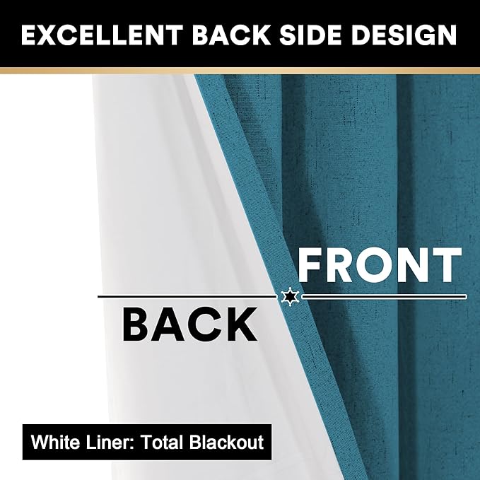 PrinceDeco 100% Blackout Curtains for Sliding Glass Doors Linen Blackout Curtains 108 Inches Long for Bedroom Extra Wide Sliding Glass Door Curtain for Living Room,W100 X L108 Inch,Blue Sapphire