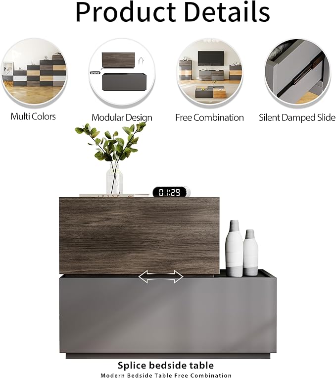 Stackable Storage Drawers, Wooden Drawer Storage Organizer, Modern Nightstands with Wooden Drawers, Small Storage Cabinet, Modular Design, Available in 2 Sizes for Versatile Use Grey and Walnut