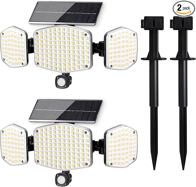 HAARAY Solar Motion Sensor Outdoor Lights with Stakes, In-Ground or Wall Mount, 270° Wide Angle Illumination, 208 LED Solar Powered Security Flood Lights, IP65 Waterproof, 2 Pack