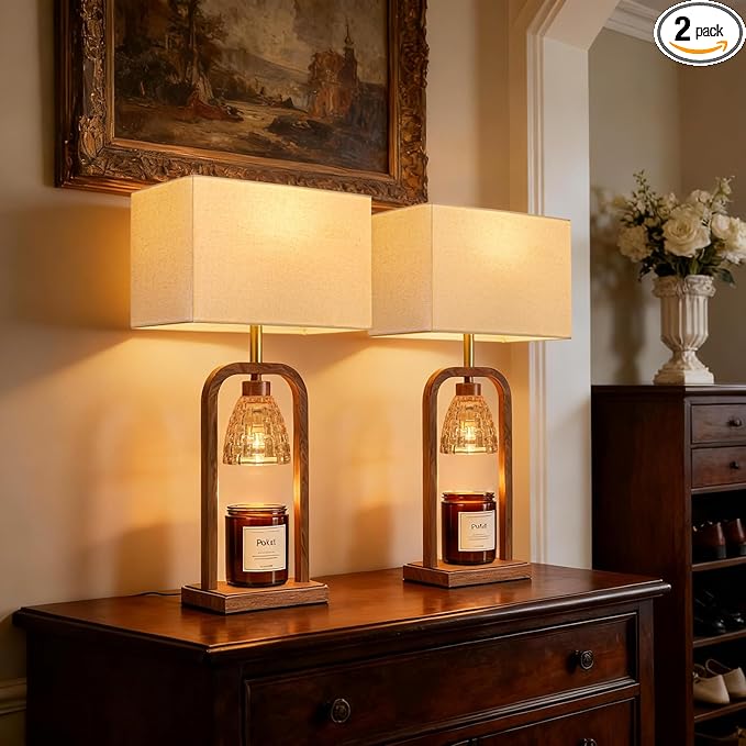PoKat Farmhouse Table Lamps with Candle Warmer & Timer for Bedroom, Wood-Like Bedside Lamps Set of 2 for Night Stands, 21.5'' Bedroom Lamps Decor for Living Room, Corded Eletric, No Battery