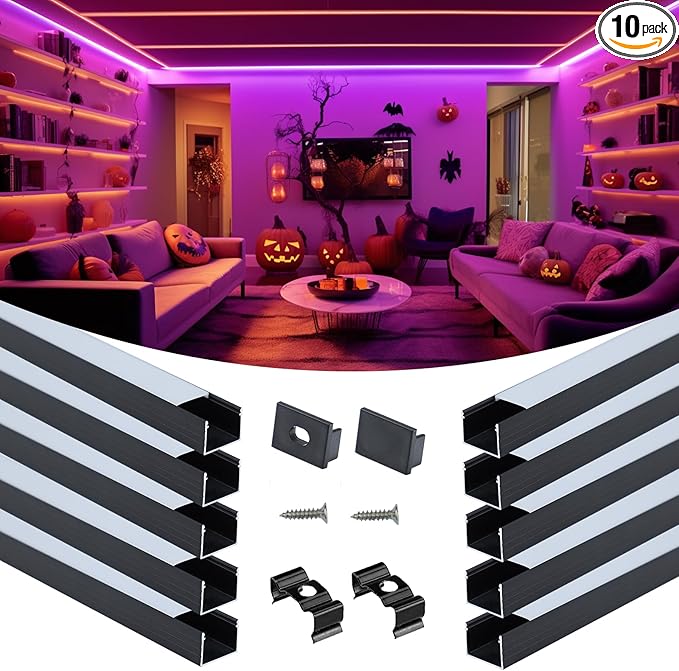 Muzata 10Pack 3.3FT/1M Plus-Size Spotless LED Channel Black LED Strip Diffuser Channel with Milky Frosted White Diffuser Cover U103 BW 1M