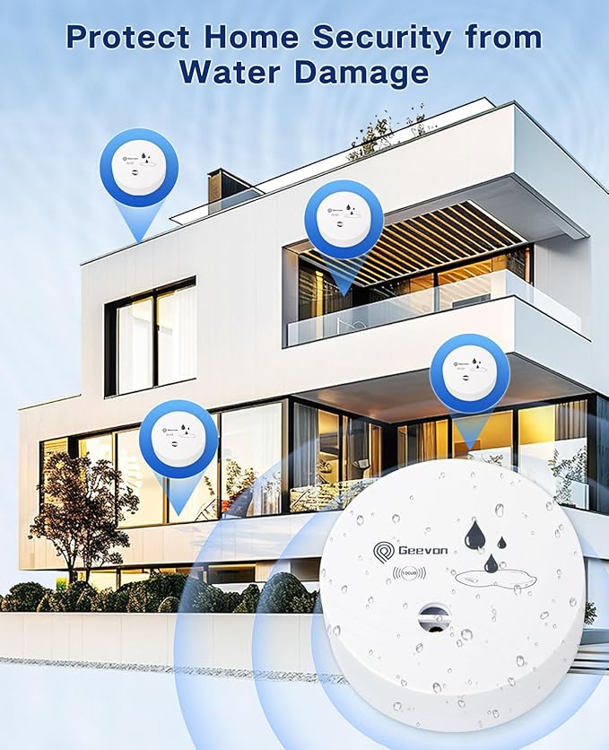 Geevon 2 Pack Water Leak Detectors, 100dB Water Sensor Alarms Flood Detector for Basements, Bathrooms, Laundry Rooms, Kitchens, Garages, and Attics, Water Alarms Battery-Operated (Battery Included)