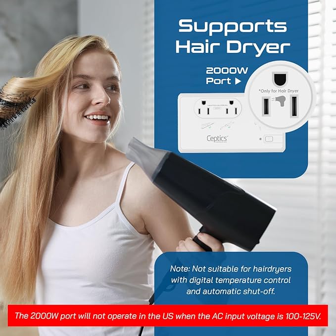 Ceptics 2000W Travel Voltage Converter for Hair Dryer & 200W Convert 220V to 110V for Curling Iron, Straightener, Chargers, Step Down World Power 4 USB Charging QC 3.0 SWadApt Type A, B, C, E/F, G, I
