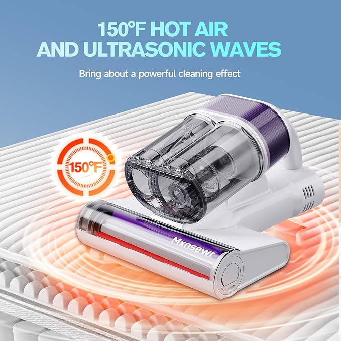 Mxnsewr Mattress Vacuum Cleaner, Ultrasonic Bed Vacuum Cleaner with 18Kpa Strong Suction, 150°F Heat & 253.7nm UV-C Light, Intelligent Dual Cup, One-Click Dust Removal for Bed, Sofa, Pet Hair, White