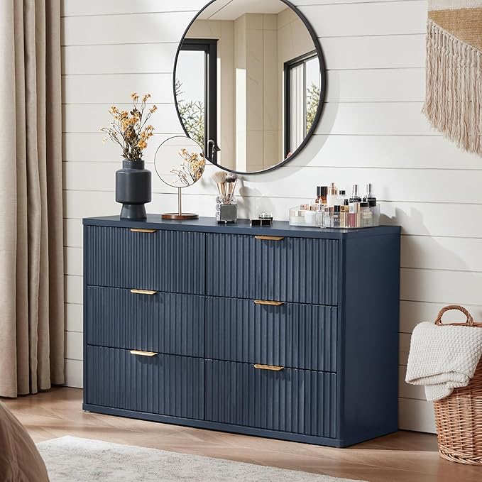 LEYAOYAO Fluted 6 Drawers Dresser Set of 2, 48" Wide Modern Chest of Drawers with Metal Handle, Navy Blue Curved Profile Dresser TV Stand, Wooden Drawer Organizer for Bedroom, Living Room, Hallway