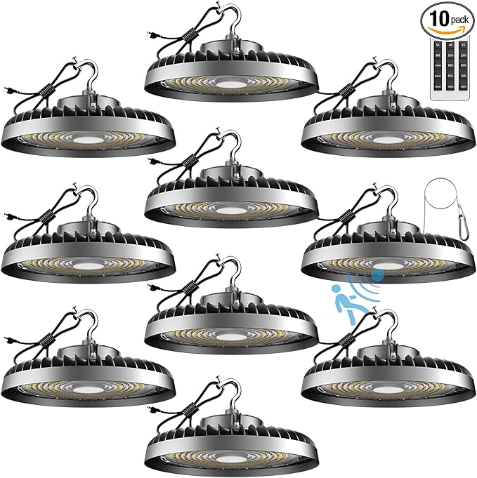 Smart 200W LED High Bay Light 30000LM 5000K UFO High Bay Lighting Motion Activated High Bay LED Lights AC100-277V for Warehouse Barn Remote Included- 10Pack
