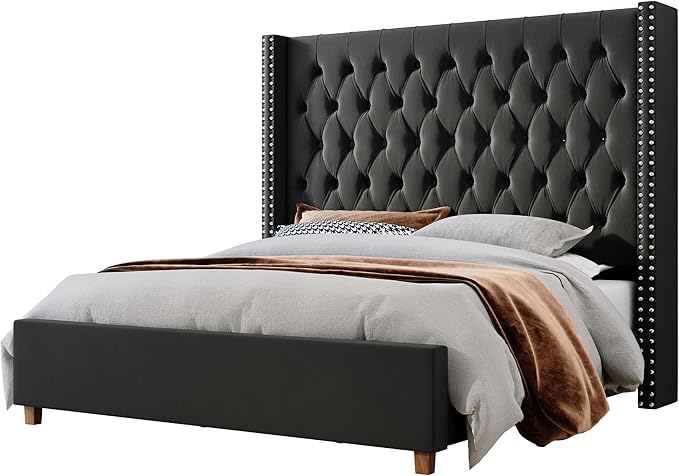 Jocisland Queen Size Bed Frame with 61.4" Tall Headboard, Velvet Upholstered Wingback Platform Design, Handcrafted Pleats& Deep Button Tufted, Solid Wood Legs, No Box Spring Needed, Black