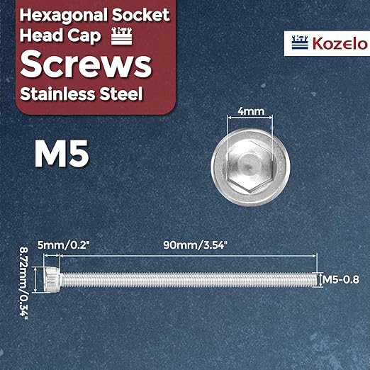 Kozelo 10pcs Socket Head Cap Screws - [M5-0.8 x 90mm] 304 Stainless Steel Allen Socket Drive for Electrical Motor 3D Printing Fan Engine Replacement Use, Silver
