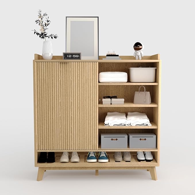 IDEALHOUSE Fluted Shoe Cabinet Storage with 2 Flip Drawers & Sliding Door & Adjustable Shelf Rack，Freestanding Wood Narrow Hidden Shoe Organizer for Entryway, Hallway, Living Room