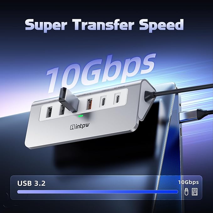 intpw P9 PRO USB C Hub 10Gbps, 9-in-1 USB C Docking Station with 4K@60Hz HDMI, Type-C & 2 Type-A 3.2, 2 USB-A 2.0, PD 100W, SD/TF Port,Aluminum USB Hub for Laptop, iPhone 17 Series, MacBook Air/Pro