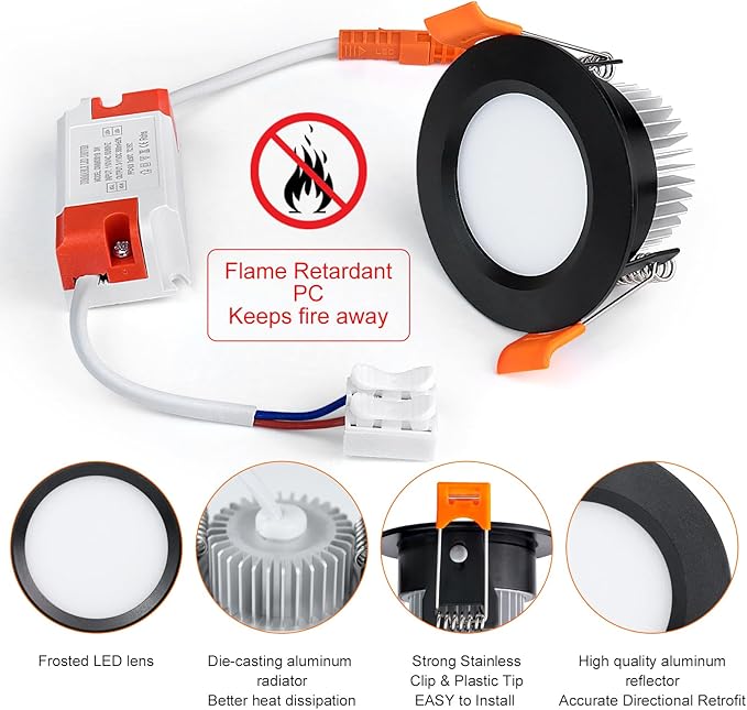 inShareplus 2 Inch LED Recessed Lighting, Black Downlight Dimmable 3W (35W Equivalent), 5000K Daylight White, CRI80, Recessed Light Fixtures with LED Driver (1 Pack)